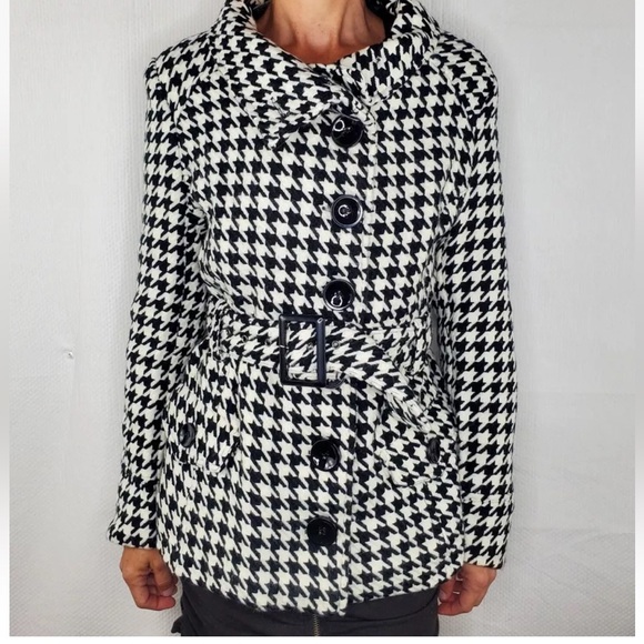 Last Kiss BIG Black Houndstooth Belted Acrylic Peacoat Pockets high Collar Lined - Picture 1 of 15